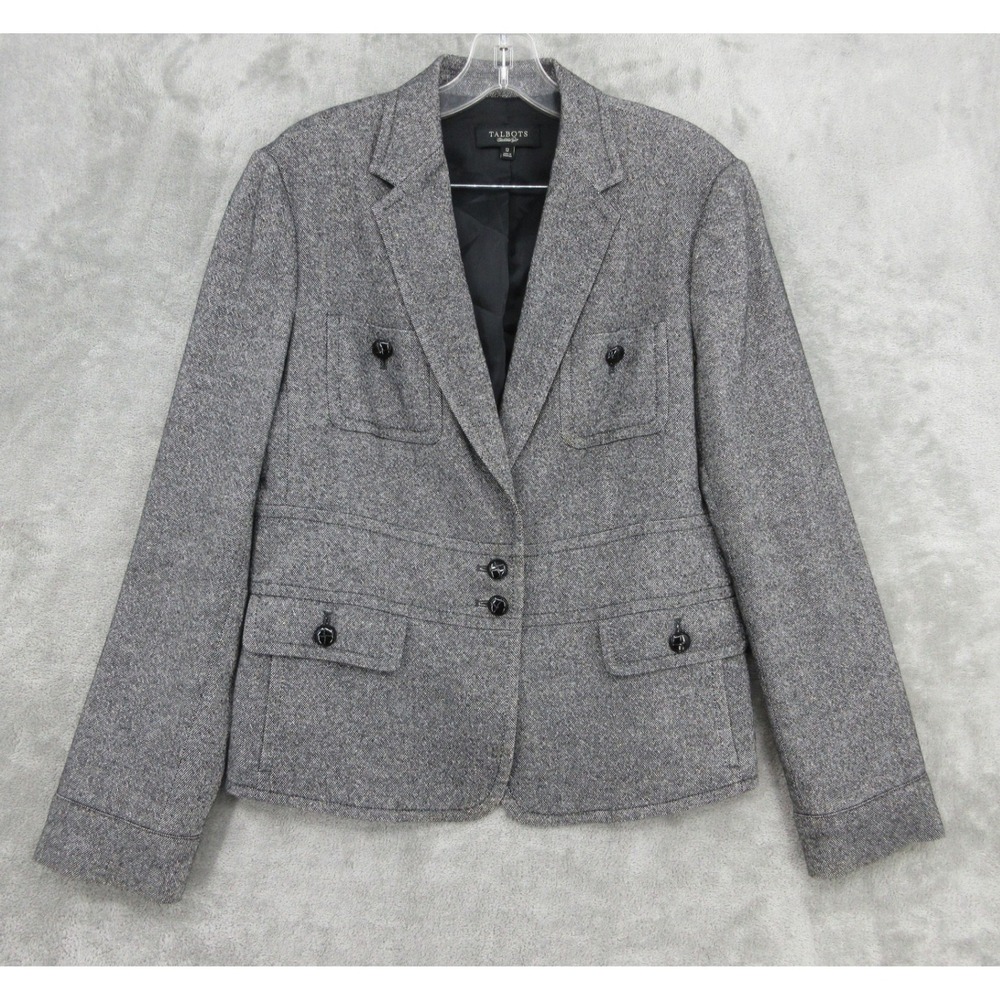 Talbots Blazer Womens Size 12 Wool Silk Tweed Button Front Office Career Grey